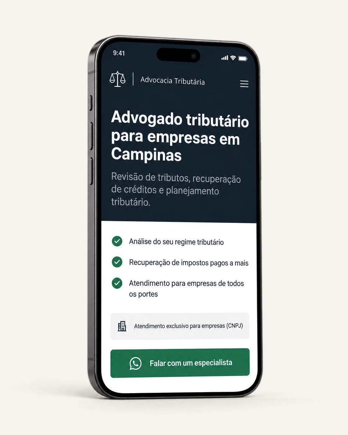Página de conversão de advogado tributário para empresas em Campinas, exibida em um celular